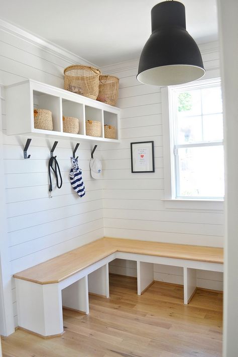 Mudroom Bench The mudroom features a custom L-shaped corner bench with Oak seating Mudroom Bench #mudroom #bench #cornerbench #lshapedbench #mudroombench L Shaped Bench, Corner Bench Seating, Farmhouse Mudroom, Bench Mudroom, Diy Mudroom Bench, Mudroom Decor, Corner Bench, Mud Room Storage, Mudroom Design