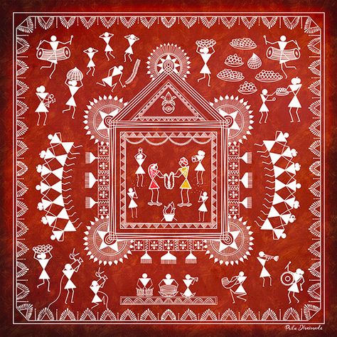 The Warli Wedding on Behance Wedding Warli Art, Warli Art Wedding Scene, Warli Wedding Paintings, Warli Border Design, Border Painting Design, Kulo Designs, Warli Painting Ideas On Wall, Varli Painting Art, Verli Art