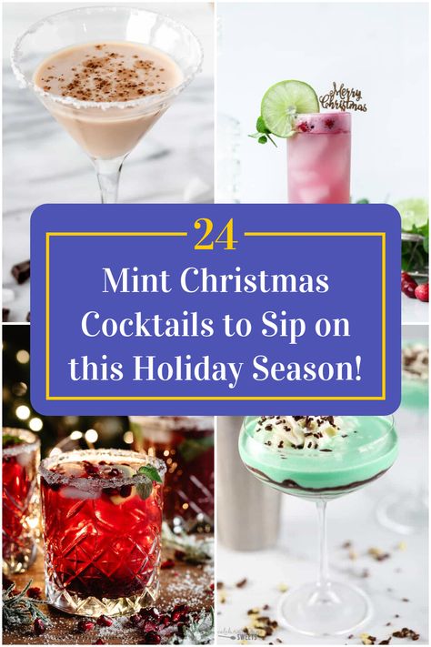 Collage of 4 mint christmas cocktails. Mint Christmas Cocktail, Mint Cocktail Recipes, Cocktail With Mint, Christmas Cocktail Recipes, Christmas Party Drinks, Mint Christmas, Mint Drink, Mint Cocktails, Mint Simple Syrup