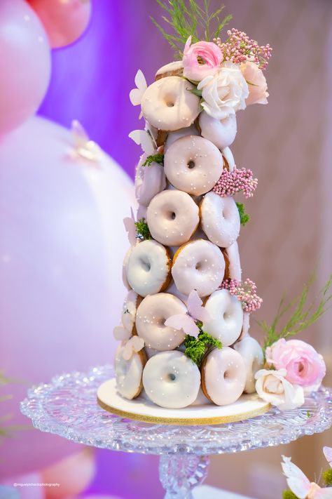 Garden Donut Tower from a Magical Garden Soiree on Kara's Party Ideas | KarasPartyIdeas.com (42) Donat Tower, Cake Moss, Donut Birthday Cake, Donut Decorating Ideas, Garden Soiree, Green Arch, Cage Table, Donut Tower, Donut Display