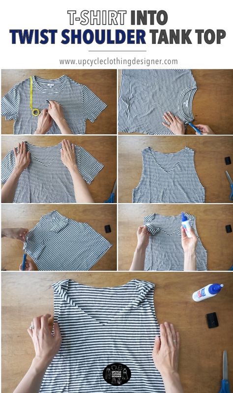 Upcycle tutorial with step-by-step instructiosn for how to make a t-shirt into twist shoulder tank top without sewing. The easy beginners project is a quick way to refashion a tee into a tank top with twist shoulder straps. Cut A Shirt, No Sew Refashion, Shirt Into Tank Top, Shirt Alterations, Easy Diy Fashion, Tank Tops Diy, Upcycle Clothing, Diy Clothes Refashion, Diy Clothes Videos