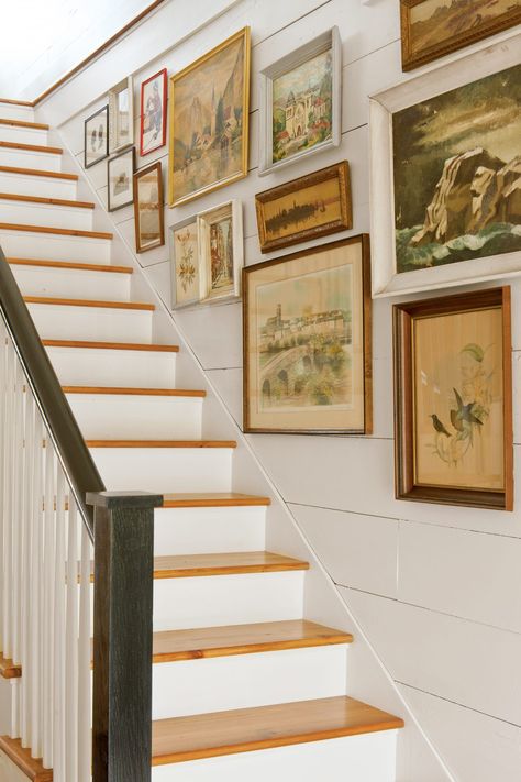 15 Ways with Shiplap Stair Wall Ideas, Wall Staircase, Stairway Gallery, Stairway Gallery Wall, Stair Walls, Picture Arrangements, Stair Wall, Rustic Backdrop, Stair Case