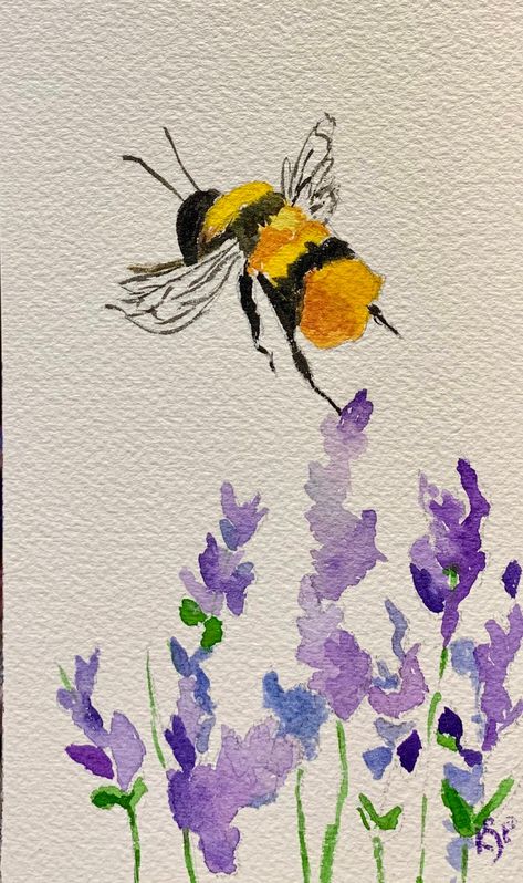 "This is a 4\"x 10\" watercolor of a busy bee visiting lilac blooms. The painting features various vivid colors & was created with professional Arches  140 lb. paper & Holbein watercolors. Thanks for taking a look." Bees Watercolor Painting, Insects Watercolor Painting, Watercolor Bees And Flowers, Bumble Bee Painting Acrylic Easy, Nm Tattoo, Bee Painting Acrylic, Watercolour Insects, Watercolor Inspo Easy, Bees Watercolor