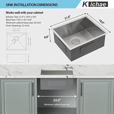 Kichae 21"x 18" Drop In Single Bowl Kitchen Sink 18-Gauge Stainless Steel Undermount Handmade Modern Kitchen Sink with Accessories Bottom Grid Roll Up Dish Drying Rack - - Amazon.com Sink Undermount, Modern Kitchen Sinks, Rv Kitchen, Bar Sink, Single Bowl Kitchen Sink, Undermount Kitchen Sinks, Dish Rack Drying, Handmade Kitchens, Handmade Modern