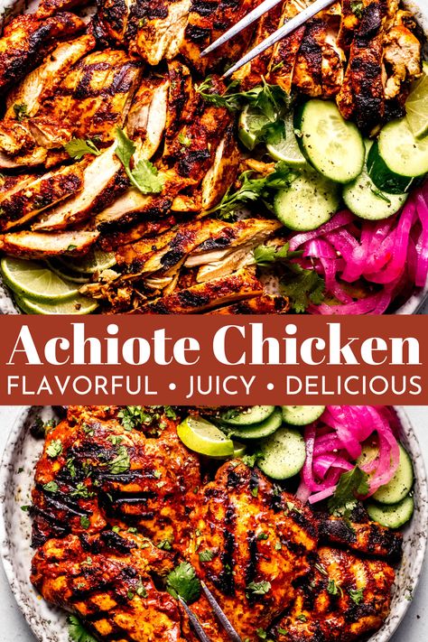 Achiote Chicken Achiote Marinade, Mexican Chicken Marinade, Recipe Chicken Thighs, Achiote Chicken, Grilled Chicken Dishes, Chicken Thigh Marinade, Mexican Favorites, Grilled Chicken Tacos, Chicken With Rice