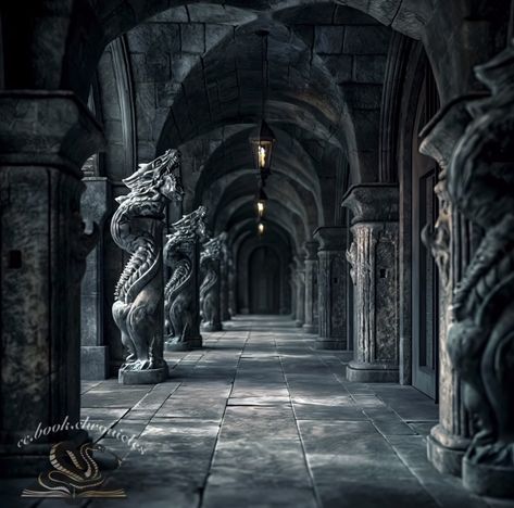 The Dread Descendant, Dark Fantasy Palace, Castle Entrance Hall, Dragon Architecture, Fantasy Temple, Dark Royalty, Magic Academy, Tv Set Design, Dark Art Photography