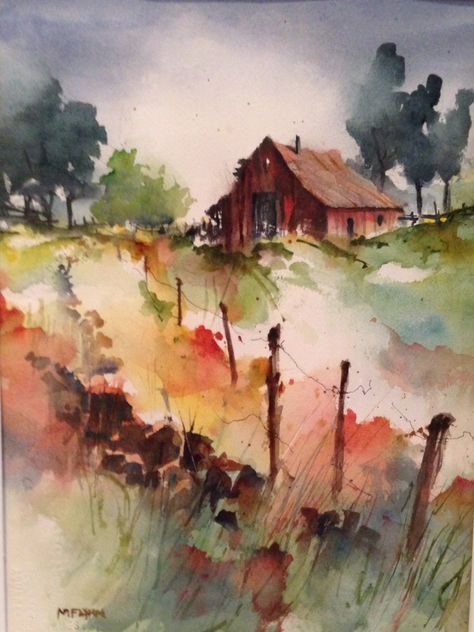 Watercolor Barns, Watercolor Art Landscape, Barn Painting, Watercolor Pictures, Watercolour Inspiration, Hur Man Målar, Watercolor Paintings Easy, Watercolor Painting Techniques, 수채화 그림