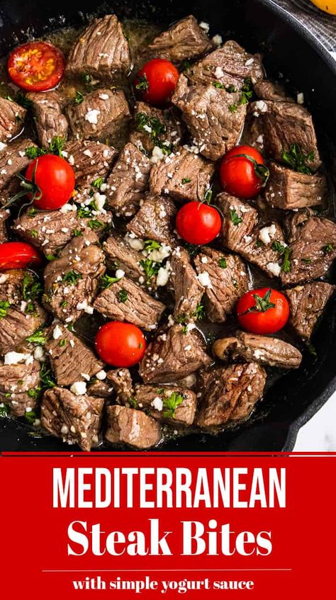 A simple stove top steak dinner that whips up in no time! This Mediterranean Steak Bites recipe is juicy and delicious, and perfectly balanced with a tangy yogurt sauce.#steakbites #mediterranean #mediterraneansteak #steakrecipe #easydinner Mediterranean Steak, Stove Top Steak, Recipe With Yogurt, Easy Steak Dinner, Beef Chuck Steaks, Steak And Broccoli, Round Steak Recipes, Fall Favorites Recipes, Steak Bites Recipe