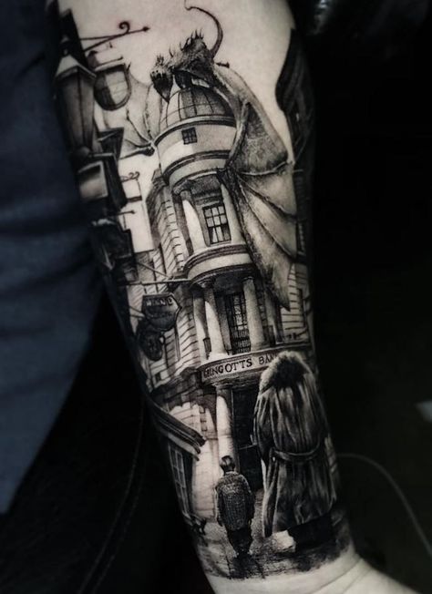 Harry Potter Sleeve, Harry Potter Tattoo Sleeve, Detailed Tattoos, Hogwarts Tattoo, Harry Tattoos, Mangas Tattoo, Wanderlust Tattoo, Hp Tattoo, Black And Grey Tattoo