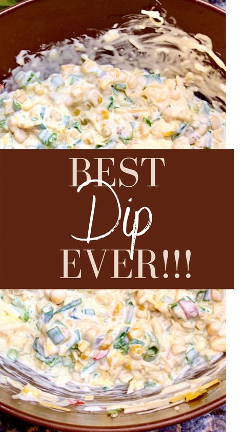 Graphic image of a bowl of corn dip. The dip is made from mayonnaise green onions corn cheese and sour cream dip. Summer Chip Dip, Party Dips Easy, Mexican Party Food, Summer Food Party, Tailgating Recipes, Fourth Of July Food, Summer Appetizer, Tailgate Food, Boat Food