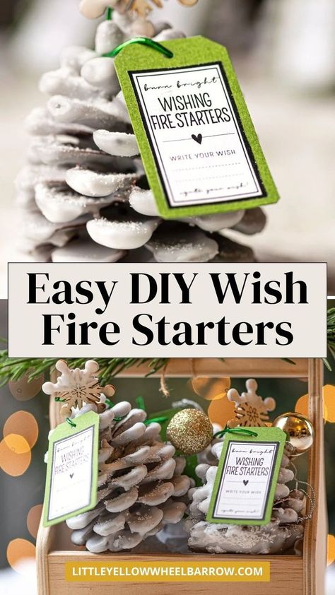 The best DIY homemade wish fire starters! Make these pinecone fire starters for the holidays or just because! These DIY Wish Fire starters aren’t just practical and pretty—they add a bit of holiday wonder to every fire. Perfect for families, kids, and anyone who loves a bit of seasonal magic, these make thoughtful, sustainable gifts that bring a unique touch to the holidays. Made with pine cones, epsom salt, non toxic wax, twine, and cotton cording. How to make easy fire starters at home. Christmas Fire Starters Diy, Wax Dipped Pine Cones Fire Starters, Fire Starter Gift Tags, Indoor Fire Starters Diy, Natural Fire Starters, Fire Starters Diy Fireplaces, How To Make Firestarters, Wax Pinecone Firestarter, Diy Fire Starters Camping