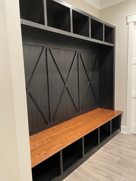 Black Mudroom Built-In Mudroom Black Cabinets, Black Cubbies Mudroom, Black Lockers Mudroom, Black Shiplap Mudroom, Black Mudroom Bench, Black Shiplap Entryway, Black Mudroom Cabinets, Kitchen Mudroom Combo, Black Mudroom