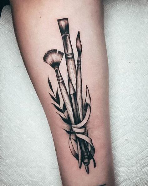 Artist Brush Tattoo, Makeup Brush Tattoo Ideas, Nail Brush Tattoo, Painting Tattoo Ideas Artists, Paint Brush Tattoo Design, Art Brush Tattoo, Brush Tattoo Ideas, Paint Brushes Tattoo, Artist Tattoo Ideas Art