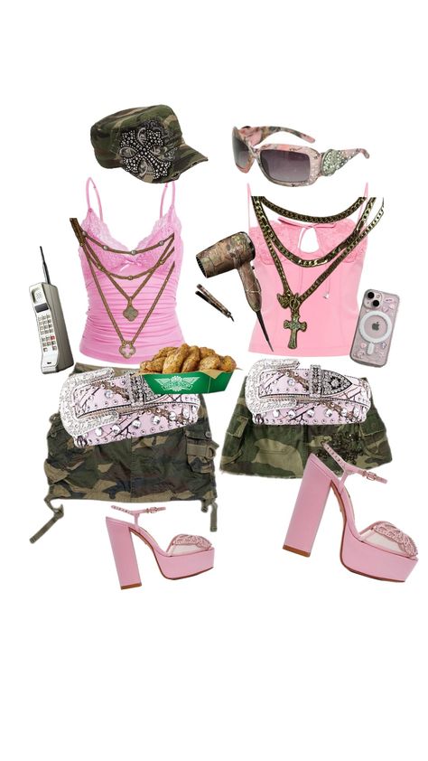 #camo #y2k #pink #matchingoutfit Pink Camo Aesthetic, Y2k Camo Outfits, Pink Camo Outfit, Midwest Princess Outfit, Camo And Pink Outfit, Pink Outfit Concert, Camo Hats Outfits, Pink And Camo Outfit, Camoflauge Outfits