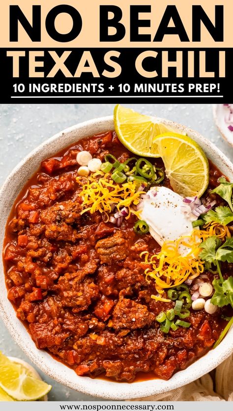 This TEXAS NO BEAN CHILI recipe is hearty, thick and jam packed with flavor. Featuring tender crumbles of beef, veggies and tomatoes – without a bean in sight! With just 10 MINUTES of hands on prep and 10 INGREDIENTS, this all meat chili recipe is so easy to prepare, can be made in advance and freezes beautifully. This meat lover's dream is a comforting dinner you and your family will love! Chilli With No Beans, Chili Recipes Without Beans, Homemade No Bean Chili Recipe, Impossible Meat Chili Recipe, Easy No Bean Chili Recipes, Spicy Chili No Beans, All Meat Chili Recipe No Beans, Slow Cooker No Bean Chili, Homemade Chili No Beans Recipe