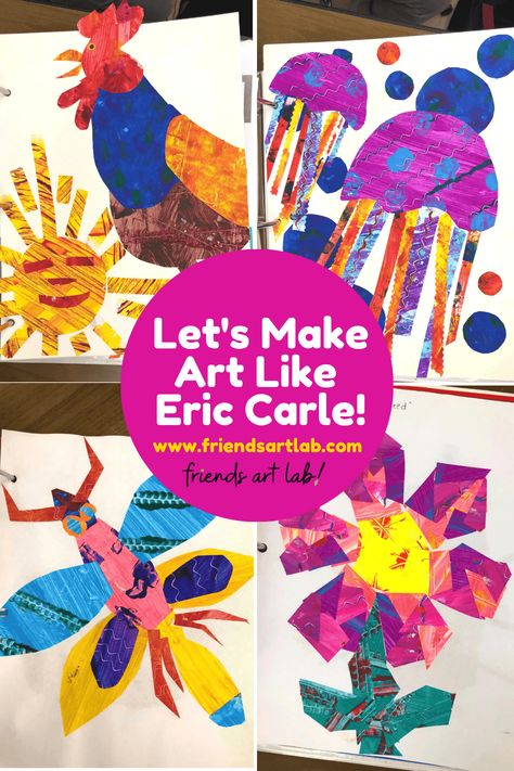 Eric Carle Inspired Paper Collages - Friends Art Lab Art Show Crafts For Preschool, Book Art Preschool, Kindergarten Art Class Projects, Kindergarten Shapes Lesson, Art Ideas For Kindergarten, Library Bingo, Shape Art Projects, Art Projects Kindergarten, Eric Carle Activities Preschool