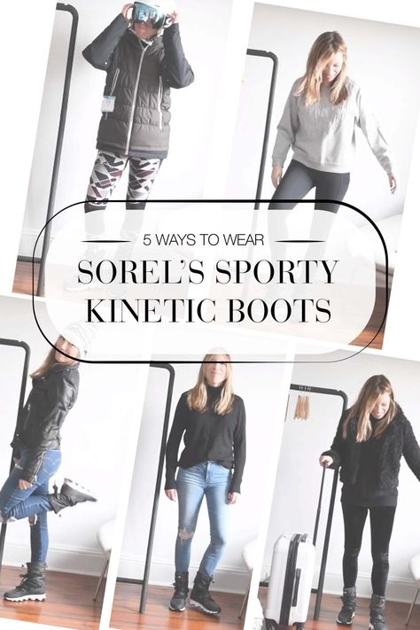 5 WAYS TO WEAR THE SPORTY SOREL KINETIC BOOTS | Sorel Kinetics are more of a sneaker/winter boot hybrid: comfy enough for city walking & warm enough to play in the snow. For travel, après-ski & daily. | #TheMomEditStyle #WinterBootOutfits #SorelKineticBoots #TravelOutfits #StreetStyleAesthetic #WinterWorkoutOutfits #ApresSkiOutfits #SneakerBoots #SportyBoots Sorel Kinetic Conquest Boot Outfit, Sorel Conquest Boots Outfit, Sorel Out N About Boots Outfit, Sorel Kinetic Boot Outfit, Sorel Kinetic Sneakers Outfit, Sorel Sneakers Outfit, Sorel Boot Outfit, Sneaker Boots Outfit, Sorel Kinetic Conquest Boot