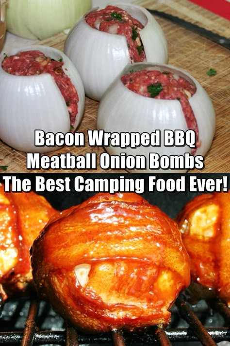 Bacon Wrapped BBQ Meatball Onion Bombs - Best Camping Food Ever! - You can cook these in aluminium foil straight on the fire. This is great because you don't have to lug around heavy skillets. I promise that once you try these you will want to make these every time you go camping. Amazing! Best Camping Food, Camping Foods, Best Camping Meals, Bbq Meatballs, Best Bacon, Meals Healthy, Campfire Food, Campfire Cooking, Camp Cooking