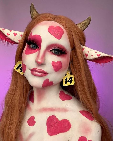 Pink Cow Makeup Look, Pink Cow Makeup, Cow Eye Makeup, Abducted Costume, Cow Makeup Look, Valentines Content, Athena Painting, Cow Make Up, Cow Halloween Costume