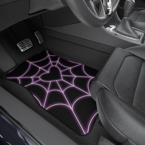 - Keep your car floor clean and stylish with these adorable mats. Perfect for any car, these mats are made of high-quality materials and will last for years. #spiderweb #heart Aesthetic Seat Covers For The Car, Pink Car Mats, Black And Pink Car Interior, Cool Car Stuff, Kuromi Car Accessories, Cool Car Mods, Goth Car Interior, Car Mods Interior, Pink Car Decor