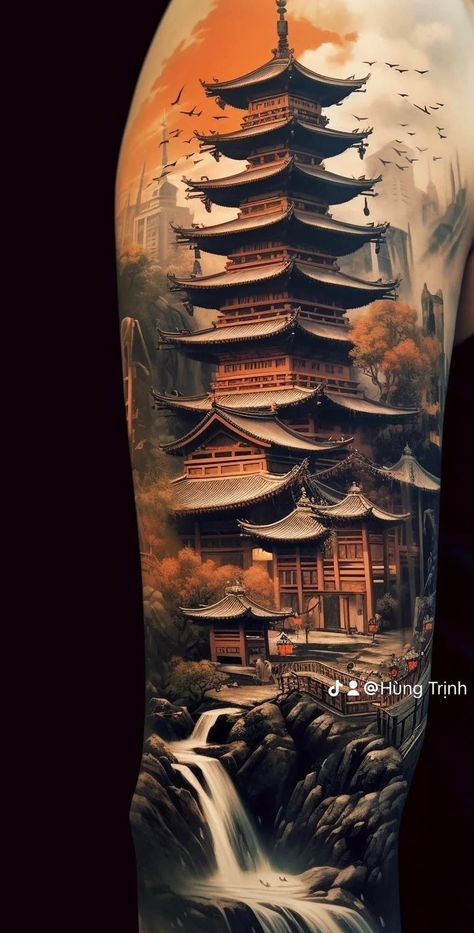 Japanese Sky Tattoo, Japanese Castle Tattoo, Chinese Temple Tattoo, Japanese Landscape Tattoo, Japanese Temple Tattoo Design, Asian Tattoo Ideas, Pagoda Tattoo, Japanese Temple Tattoo, Japanese Tattoo Sleeve