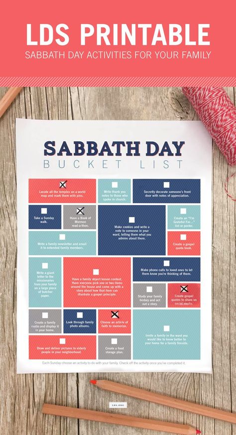 Printable-Sabbath Day Bucket List-Each Sunday choose an activity to do with your family. #HisDay #LDS Gospel Craft, Sabbath Day Activities, Sabbath Activities, Sunday Activities, Relief Society Lessons, Yw Lesson, Activity Day Girls, Church Inspiration, Fhe Lessons