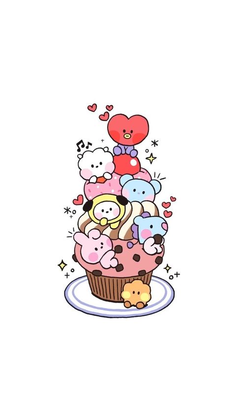 A still from a recent reel posted by BT21 on Instagram featuring Mang, Cooky, Chimmy, Koya, RJ, and Tata stacked on top of a cupcake with three different layers of icing and a cherry on top. Shooky is leaning against the base of the cupcake. ليلو وستيتش, Cupcake Art, Cuddle Buddy, Cute Doodles Drawings, Cute Kawaii Drawings, Cute Doodle Art, Cartoon Background, Kawaii Doodles, Doodle Art Designs