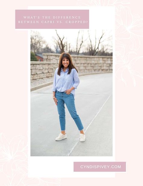 What's the difference between Capri vs. Cropped? - Cyndi Spivey Spring Wardrobe Essentials, Cyndi Spivey, Crochet Lace Shorts, Flattering Pants, Olive Jacket, Spring Shorts, Early Spring Outfits, Fashion Spring, Slim Straight Jeans