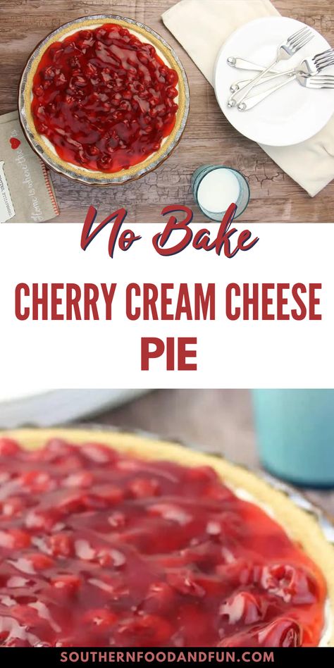 This No Bake Cherry Cream Cheese Pie is a delightfully easy to make pie that is perfect year round for any occasion. Kids and adults love it! This is a great make-ahead recipe that will keep in the refrigerator for a couple of days before you need it. No Bake Cherry Pie, Cherry Cheese Pie, Cherry Cream Cheese Pie, Cherry Cream Cheese, Cheese Pie Recipe, Homemade Pie Recipes, Classic Southern Recipes, Cream Cheese Pie, Southern Desserts