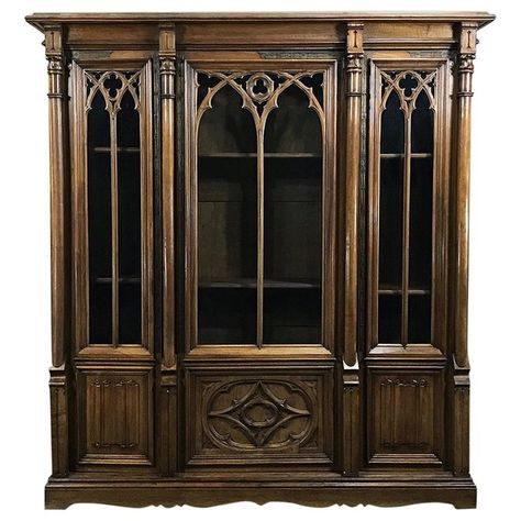 19th Century Gothic Walnut Triple Bookcase. In black! Gothic Bookshelf, Gothic Bookshelves, Gothic Revival Furniture, Gothic Bookcase, Black Modern Furniture, 19th Century Gothic, Ideas Armario, French Bookcase, Classic Home Furniture