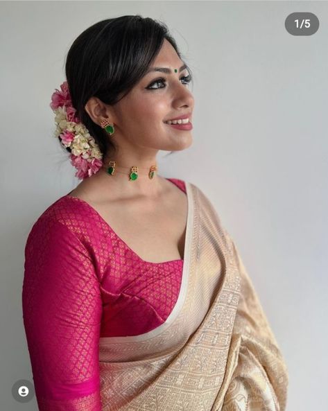 Kerala Saree With Pink Blouse, Cream Saree With Contrast Blouse, Cream Saree Combination, Set Saree Blouse, Onam Wear, Cream Silk Saree, Set Saree Kerala, Onam 2024, Kerala Saree Blouse