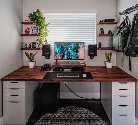 Cozy Rustic Setup with DIY IKEA KARLBY desk | Remote Setups Karlby Desk, Gaming Desk Setup, Computer Desk Setup, Home Studio Setup, Ikea Desk, Bedroom Setup, Pc Desk, Simple Desk, My Workspace