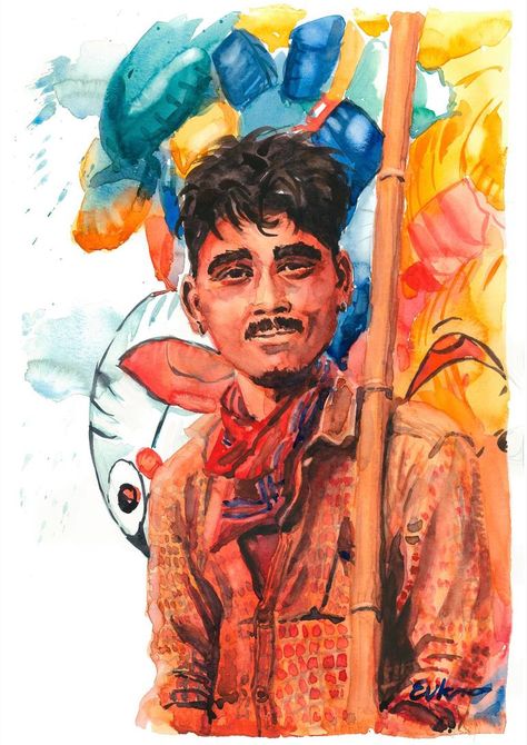 Indian balloon seller. Watercolor on paper New Media by Evgeniy Kurochkin | Saatchi Art Balloon Seller, Indie Drawings, Street Painting, Paper Photo, Paper News, Watercolor On Paper, New Media, Art Paper, Watercolor Painting