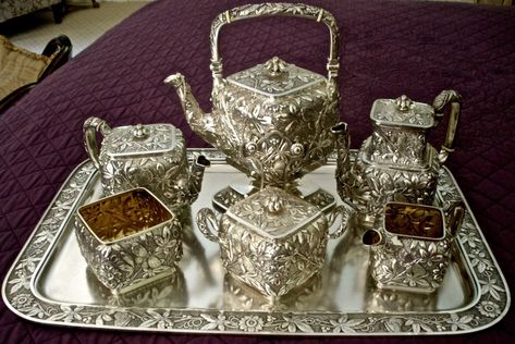 FINE AESTHETIC STERLING BUTTERFLY REPOUSSE TEA COFFEE SET DOMINICK HAFF 1881 | eBay Silver Bowl Centerpiece, Silver Tea Service, 4 Aesthetic, Silver Plated Tea Set, Tea Service Set, Gold Silverware, Antique Tea Sets, Silver Tea Set, Silver Teapot