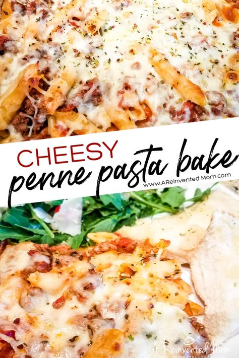 This is my go-to pasta dish. Easy Cheesy Penne Pasta Bake | A Reinvented Mom #easypennepasta #weeknightmeal #easydinnerrecipes Cheesy Penne Pasta, Penne Pasta Bake, Mostaccioli Recipe, Baked Penne Pasta, Cheesy Pasta Bake, Penne Pasta Recipes, Pasta Bake Recipe, Baked Penne, Baked Pasta Recipes