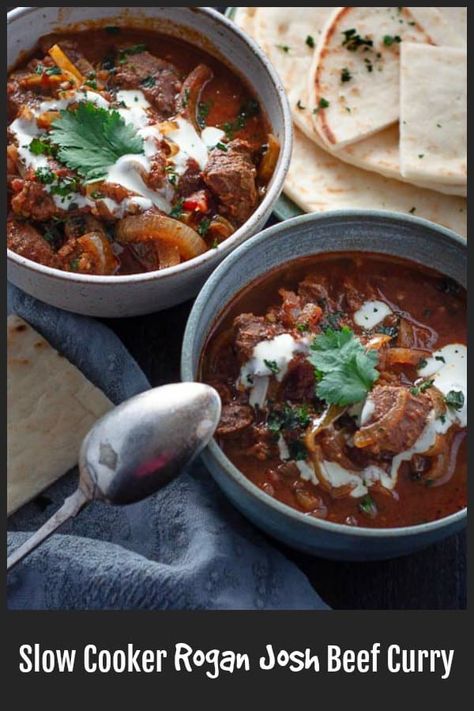 Slow Cooker Rogan Josh is an easy to make rich, thick Indian beef curry, mildly spicy, with a flavourful sauce and thick chunks of beef so tender they will melt in your mouth. via @https://au.pinterest.com/sugarfreekitc/my-sugar-free-kitchen-on-the-blog/ Indian Beef Curry, Rogan Josh Recipe, Beef Curry Recipe, Rogan Josh, Fried Fish Recipes, Beef Curry, Indian Kitchen, India Food, Chutney Recipes