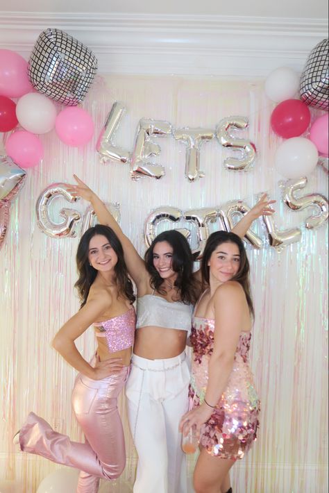 Pastel Pink Bachelorette Party, Pink Outfits Bachelorette, Girly Disco Party, Pink Nashville Bachelorette Outfit, Disco Barbie Bachelorette Party, Bachelorette Party Photo Backdrop, Sparkle Bachelorette Party Theme, Pink And White Bachelorette Party, Hen Party Aesthetic