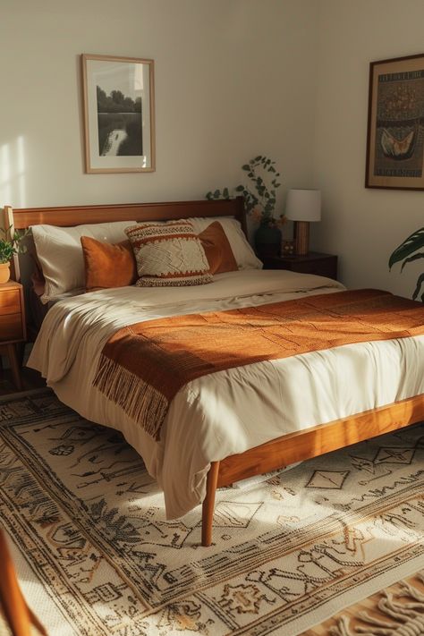 Learn practical and stylish tips for selecting mid-century modern queen beds that enhance both aesthetics and comfort. 🏡✨ Mexico Mid Century Modern, Bedroom Mid Century Modern Boho, 70s Bohemian Bedroom, Mid Century Maximalist Bedroom, 70s Guest Bedroom, Small Bedroom Mid Century Modern, Japandi Mcm, Boho Queen Bed, Airbnb Themes