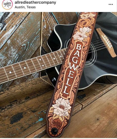 Leather Guitar Strap Pattern Handmade, Tooled Leather Flowers, Custom Guitar Strap, Diy Leather Guitar Strap, Leather Guitar Strap Pattern, Custom Leather Work, Leather Guitar Strap, Leather Working Patterns, Leather Working Tools