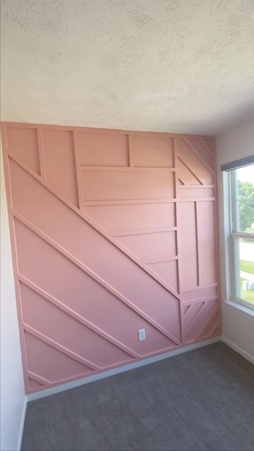 Jenna | DIY + relatable mama + friend on Instagram: "Nursery room accent wall! Mia’s crib is going to go on this wall and I think we might do a neon name sign above it! #accentwall #construction #decorativetrim #girlroom #nurserydesign #homerenovation #diyideas #interiordesign #housetour #reno" Pink And Wood Accent Wall, Nursery Room Accent Wall, Pink Wood Accent Wall, Name On Accent Wall, Barbie Accent Wall, Geometric Wood Accent Wall Pink, Neon Name Sign, Room Accent Wall, Decorative Trim