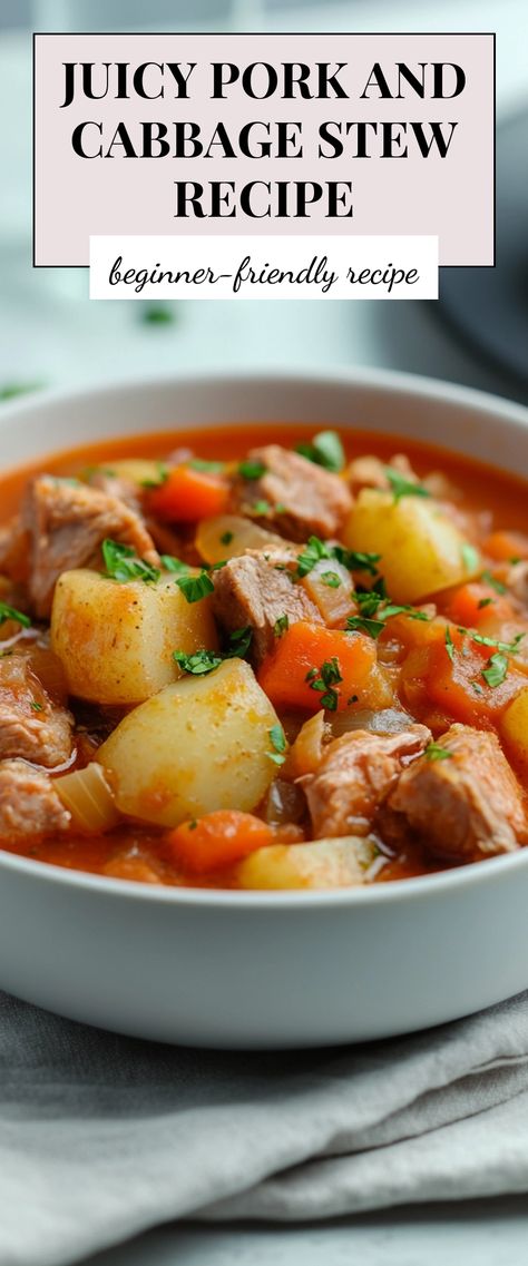 Image for Juicy Pork and Cabbage Stew Recipe Pork Stew In Crockpot, Pork And Cabbage Stew, Pork Chop Stew Recipes, Pork Stew Instant Pot Recipes, Recipes With Pork Stew Meat, Cabbage And Pork Recipes, Diced Pork Recipes Easy, Pork Stew Instant Pot, Pork And Cabbage Recipes