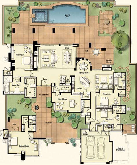 Tucson Custom Home - Hacienda Floor Plan A Courtyard doesn't have to be a square block in the middle of the home. Hacienda Floor Plans, Boho Glam Home, Hacienda Homes, Hacienda Style Homes, Mansion Floor Plan, Courtyard House Plans, Real Estat, Hacienda Style, Courtyard House