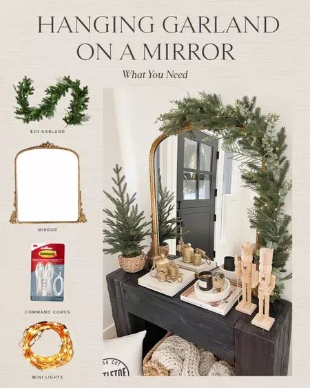 HOLIDAY \ hanging garland on a mirror, here's everything you need. Plus get the details on this console table and mirror | SBK Living