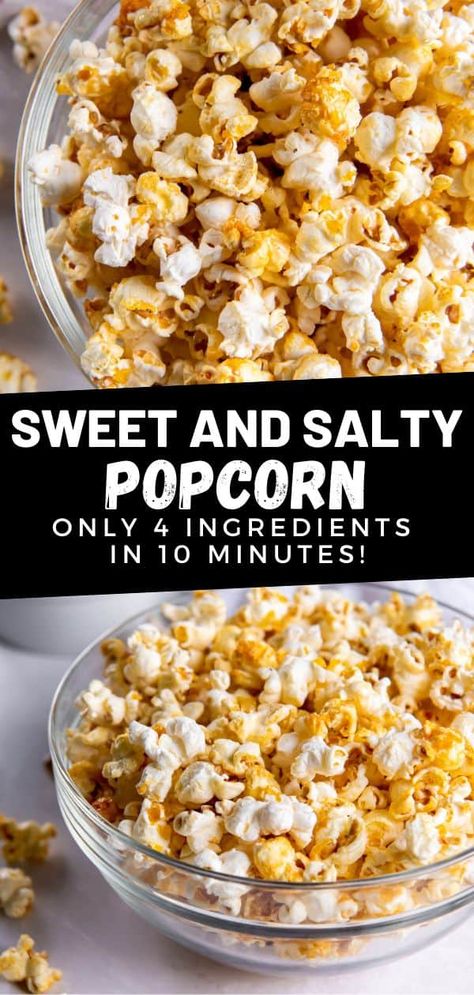 Homemade sweet and salty popcorn is a fun snack made with just 4 ingredients in 10 minutes! Inspired by kettle corn but made on the stovetop at home. Kettle Corn On The Stove, How To Make Sweet And Salty Popcorn, Kettle Corn With Microwave Popcorn, Boom Chicka Pop Recipe, How To Make Sweet Popcorn At Home, Best Homemade Popcorn, Stovetop Popcorn Buttery, Popcorn Recipes Stovetop, Kettle Corn Recipe Homemade Stove Top