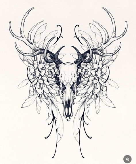 Buffalo Skull Tattoo Design, Deer Skull Illustration, European Mount Tattoo, Capricorn Skull Tattoo, Moose Skull Tattoo, Deer Skull Drawing, Deer Skull Tattoo, Deer Head Tattoo, Deer Skull Tattoos