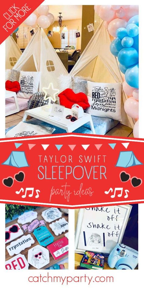 Don't miss this fantastic Taylor Swift sleepover! What fun party decorations! See more party ideas and share yours at CatchMyParty.com Aesthetic Parties Ideas, Taylor Swift Themed Birthday Party Activities, Taylor Swift Themed Party Ideas, Taylor Swift Games Ideas, Taylor Swift Birthday Party Sleepover, Taylor Swift Teepee Party, Eras Tour Sleepover, Taylor Swift Themed Sleepover, Taylor Swift Tent Party