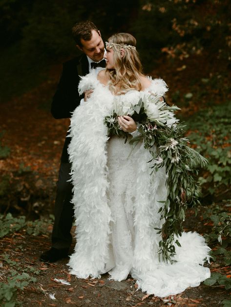 A Fairytale Forest Wedding with a Feather Cape - Green Wedding Shoes Winter Wedding Gold, Fairytale Forest Wedding, Winter Wedding Cape, Wedding Dress Cape, Winter Wedding Party, Outer Satin, Game Of Thrones Wedding, Feather Cape, Enchanted Woodland