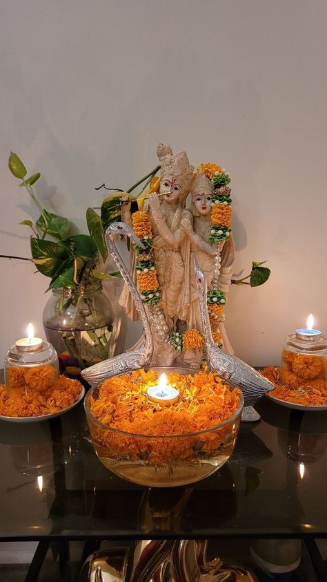 Janmashtami Pooja At Home, Radha Krishna Mandir In Home, Krishna Pooja At Home, Janmashtami Story For Instagram, Jayshree Krishna, Janmashtami Pics, Janmashtami Aesthetic, Pooja Aesthetic, Lord Krishna Aesthetic