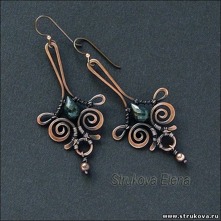 copper, emerald, hypoallergenic niobium ear wires, length ... - Strukova Elena - LJ Diy Hoop Earrings With Beads, Wire Weaving Earrings, Wire Weave Earrings, Wire Art Earrings, Wire Wrapping Earrings, Wired Earrings, Wire Jewelery, Bijoux Fil Aluminium, Wire Jewelry Designs