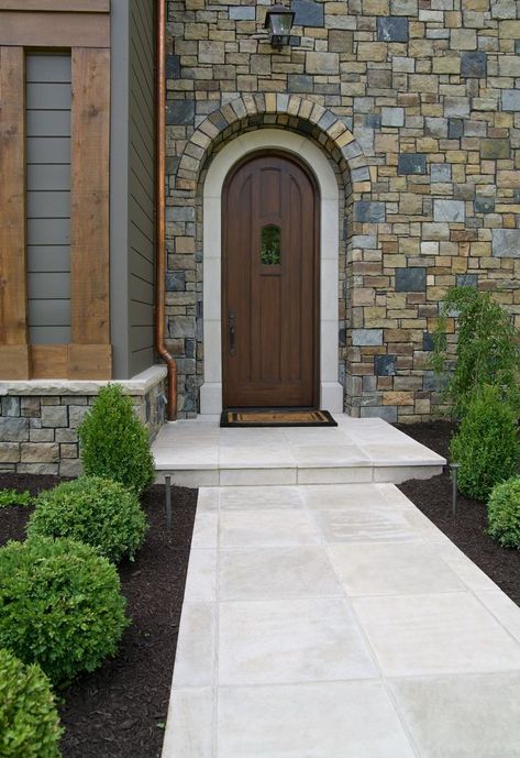 Limestone Walkway, Backyard Hardscape Design, Front Door Walkway, Home Walkway, Front Porch Stone Steps, Exterior Black Windows, Backyard Hardscape, Stone Porch, Front Porch Stone